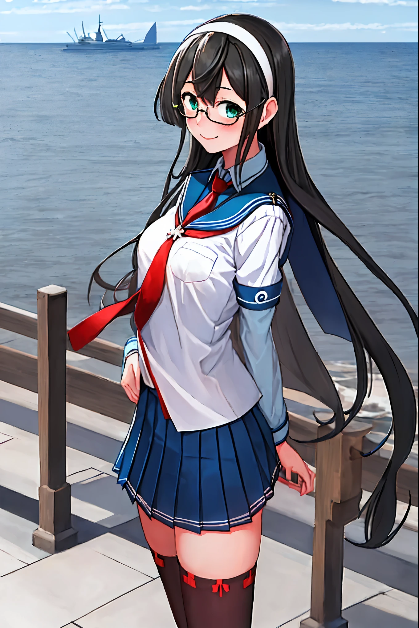 best quality, masterpiece, highres, solo, {ooyodo_kantaicollection:1.15}, black_hair, long_hair, glasses, hairband, semi-rimless_eyewear, under-rim_eyewear, blue_eyes, green_eyes, blush,small_breasts, 1girl, school_uniform, serafuku, pleats_skirt, looking_at_viewer, necktie, harbor_town_background, red_necktie,(angry:0.7),smile,,thigh-highs,solo