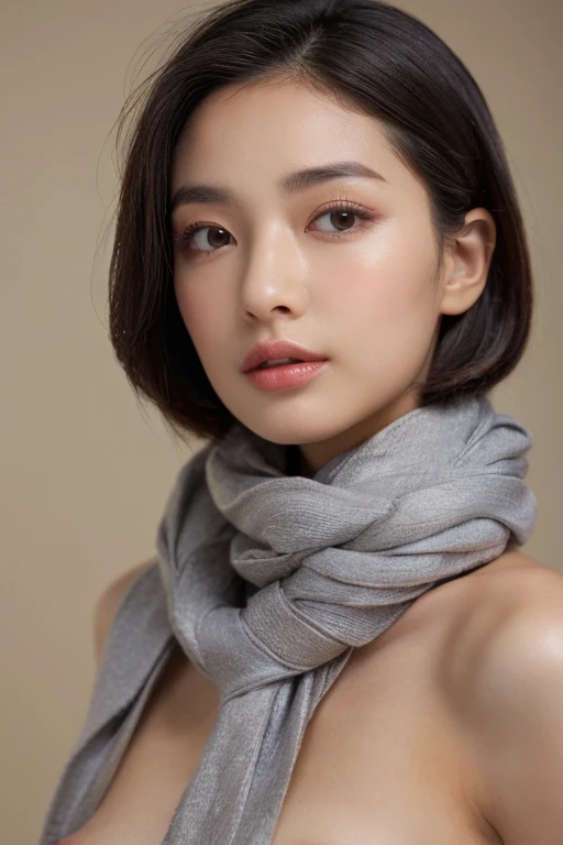 beautiful and attractive, 23-year-old Thai girl, 162-centimeter height, natural-ivory skin tone, (rounded-face), little-eyes, black eyes, (((korean monolid-eyes))), (clear-detailed eyes), centered-focus eyes, natural-gloss full-lips, (straight shoulder-length bob haircut), ((gray and silver highlights on black hair)), (clear-detailed hairs), ((naked small-breasts)), hourglass-slim figure, narrow shoulders, long neck, slim waist, rich-detailed skin texture, skin detention, white crop-tops, high-waist blue skinny-denim, Cartier’s rose-gold love necklace, (clear rich-detailed necklace), (((too tight Parisian-scarf with a big-knot scarf tightly strangle neck and long-tail scarf behind back))), ((rich-detailed scarf texture)), (((linen-cotton ribbed beige-color scarf with scarf-knot and tail))), look up to viewer, best highly-details and quality, 8k, HD photo
