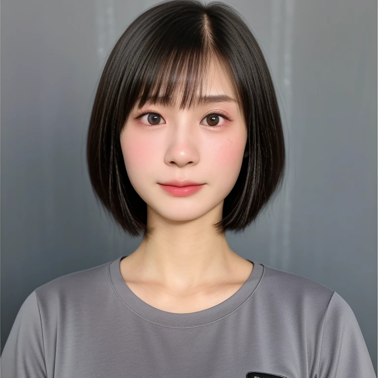 (kawaii 18 year-old Japanese girl, Nogizaka idol, Korean idol, highschool student), healthy female athlete body, (glossy black hair, short hair, pixie cut, bangs:1.3), (rounded face, beautiful black eyes, single eyelid, no makeup, serious expression:1.2), (wearing tight fitted crew neck t-shirt:1.3), extra small breasts, BREAK, (plain gray background:1.2), (id photo, yearbook photo, facing straight at the camera, cowboy shot:1.2), BREAK, (masterpiece, best quality, photo realistic, official art:1.4), (UHD, 8K quality wallpaper, high resolution, raw photo, golden ratio:1.3), (shiny skin), professional lighting, physically based rendering, award winning, (highly detailed skin, extremely detailed face and eyes), Carl Zeiss 85 mm F/1.4, depth of field, 1girl, solo,