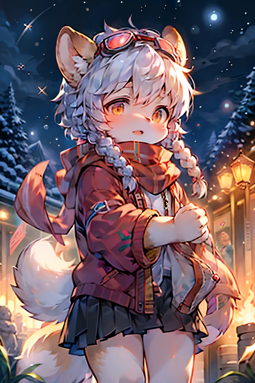 Squirrel girl，Furry girls，Infant and child characteristics，hair，Double braids，White skin，scarf，Short skirt，Goggles，Skier，Winter Olympics