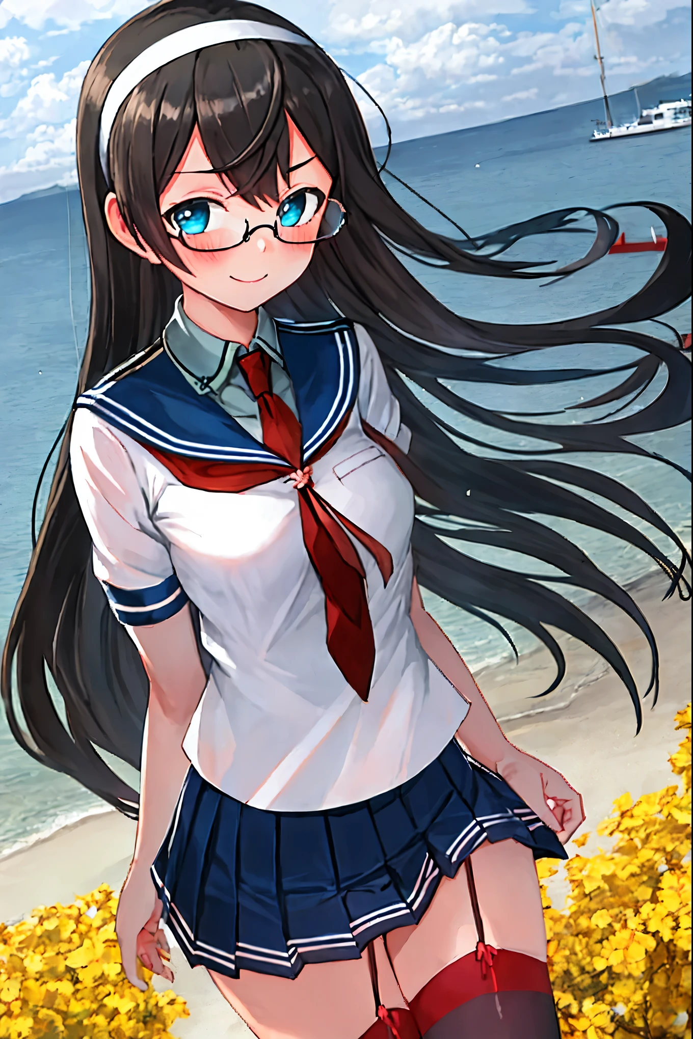 best quality, masterpiece, highres, solo, {ooyodo_kantaicollection:1.15}, black_hair, long_hair, glasses, hairband, semi-rimless_eyewear, under-rim_eyewear, blue_eyes, green_eyes, blush,small_breasts, 1girl, school_uniform, serafuku, pleats_skirt, looking_at_viewer, necktie, harbor_town_background, red_necktie,(angry:0.7),smile,,thigh-highs,solo