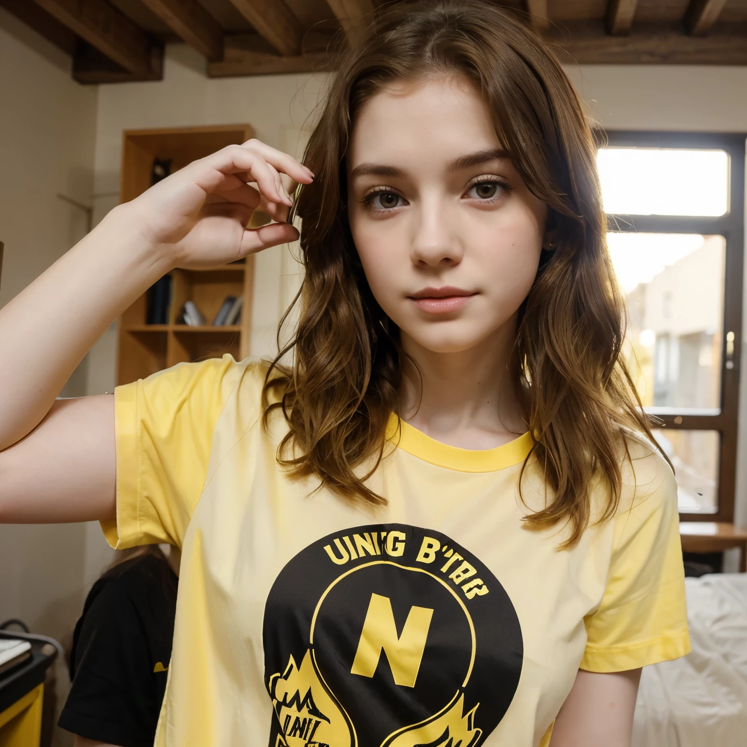 Pale skin girl with T Shirt Yellow and Wavy Hair Brown And Brown Eyes