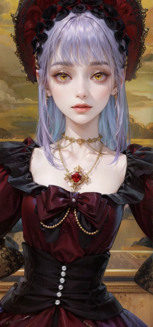 (masterpiece, top quality, best quality, official art, enchanting and aesthetic:1.2), 1female, violet hair, royal braided hair, golden yellow eyes, dark and red dress, red and gold jewelry, high quality details, 4k eyes, violet hair, long violet hair, very long hair