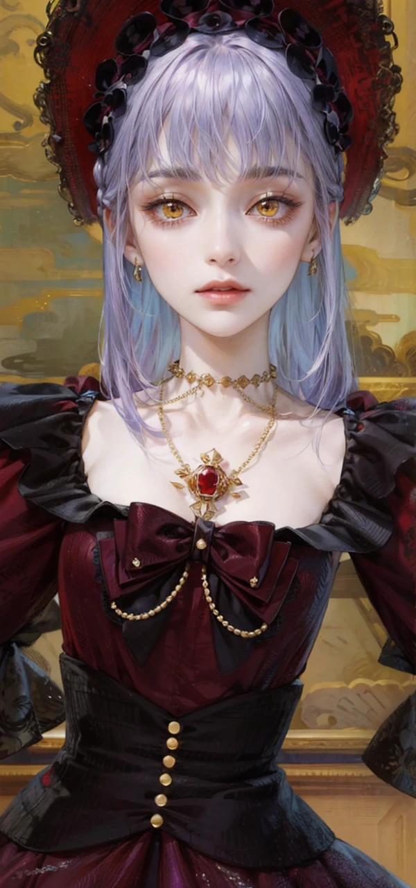 (masterpiece, top quality, best quality, official art, enchanting and aesthetic:1.2), 1female, violet hair, royal braided hair, golden yellow eyes, dark and red dress, red and gold jewelry, high quality details, 4k eyes, violet hair, long violet hair, very long hair