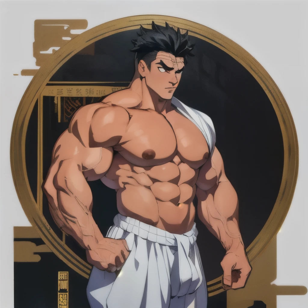 1 men, Bblack hair, eye white, Gyomei Himejima (best qualityer, work of art: 1.4), Huge body, big chest, muscular legs, muscular arms, sexy man