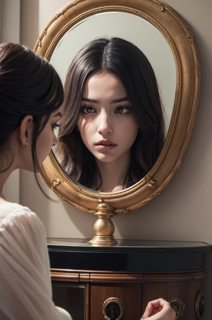 A woman looking at her reflection in the distorted mirror looking like a demon