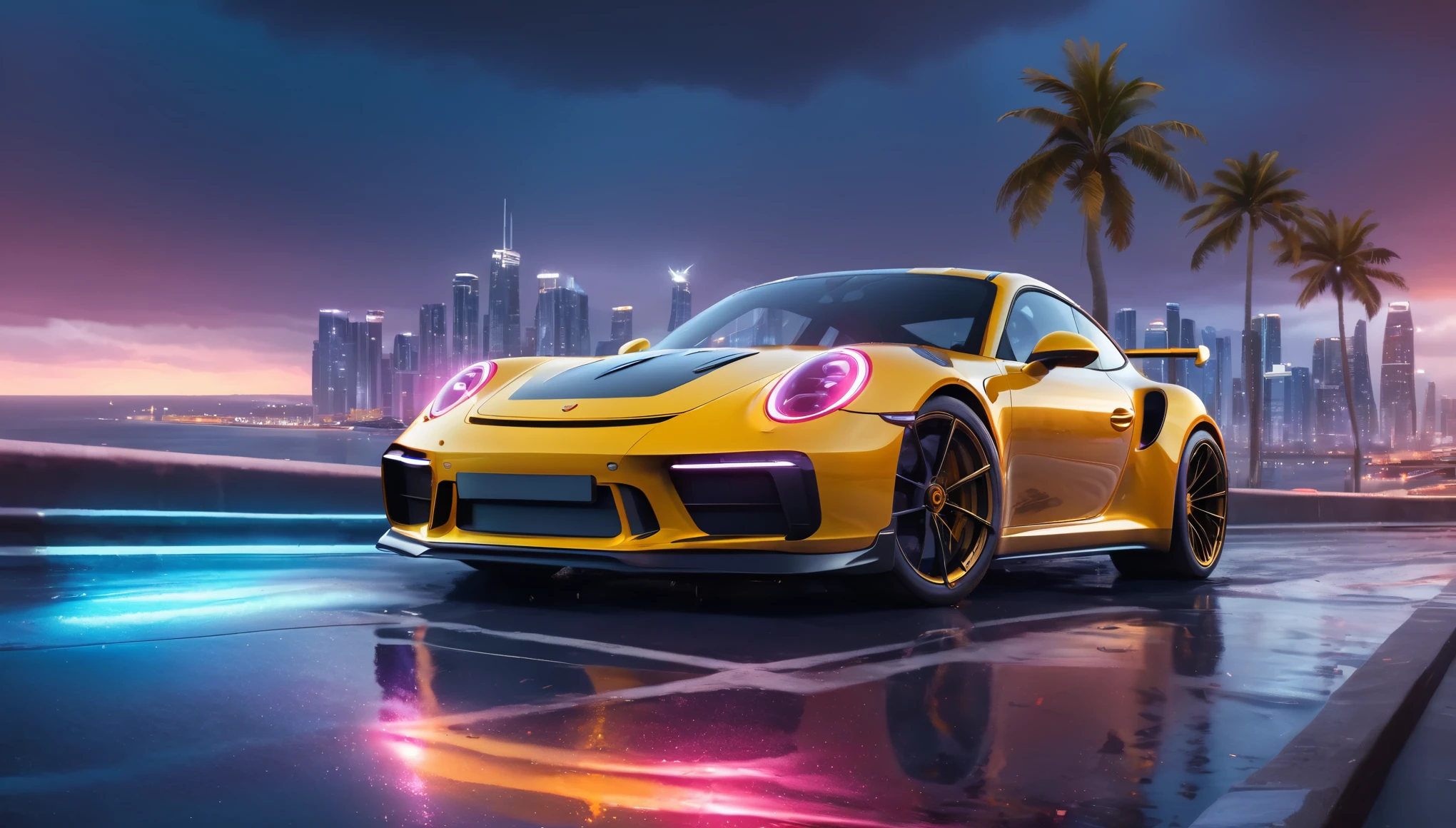 a highly detailed and realistic 4K image of a sleek Porsche 911 sports car speeding through a coastal urban area, stunning reflections on the wet ground, glowing neon lights, dramatic lighting, cinematic atmosphere, vibrant colors, photorealistic, masterpiece, hyper-realistic, intricate details, volumetric lighting, dynamic motion blur, glossy car body, chrome accents, high-end luxury, elegant design, powerful engine, urban cityscape, skyscrapers, palm trees, ocean in the background, dramatic weather, cinematic composition