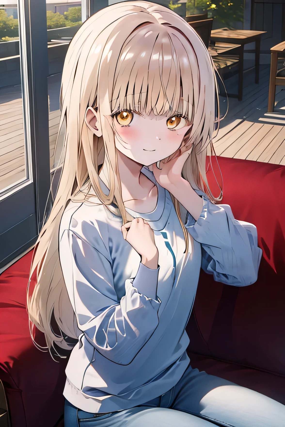 Masterpiece, anime coloring, ultra-detail, 8k, bionde, Loungewear, jeans, from above、upper body、light smile、shy、detailed eyes、Long Hair,Yellow Eyes、Are standing、Chewing hair elastic、Put your hands behind your back、Sit on the veranda、Flaxen Hair、White skin、