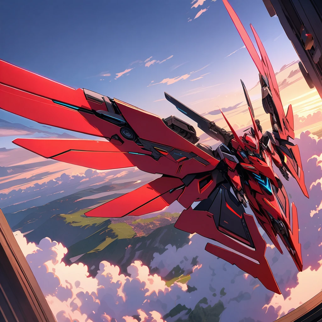 Red nun with mechanical wings flying quickly, dawn sky, high altitude, detailed background, detailed writing, 4k, UHD, absurd, ultra quality, masterpiece,