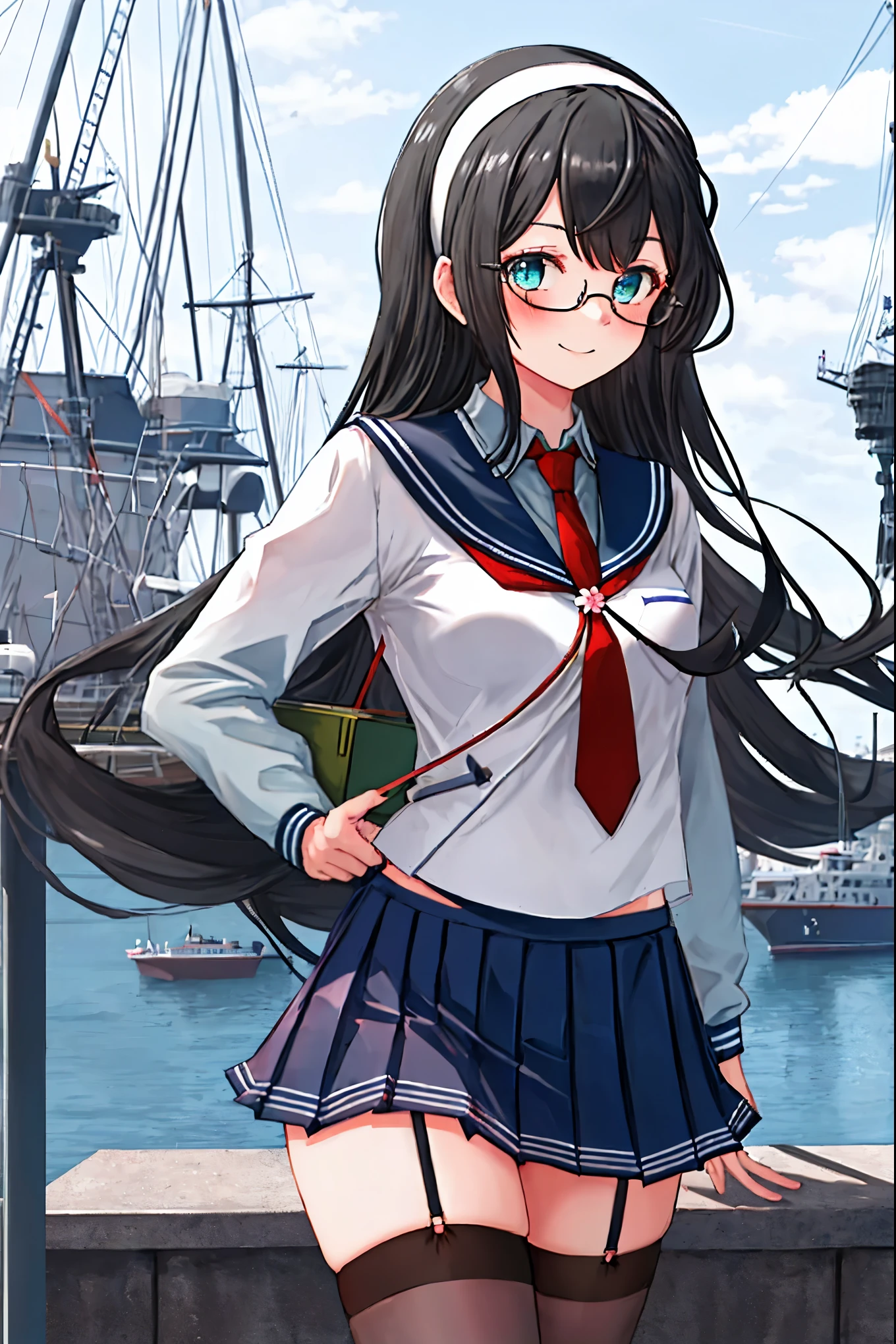 best quality, masterpiece, highres, solo, {ooyodo_kantaicollection:1.15}, black_hair, long_hair, glasses, hairband, semi-rimless_eyewear, under-rim_eyewear, blue_eyes, green_eyes, blush,small_breasts, 1girl, school_uniform, serafuku, pleats_skirt, looking_at_viewer, necktie, harbor_town_background, red_necktie,(angry:0.7),smile,,thigh-highs,solo