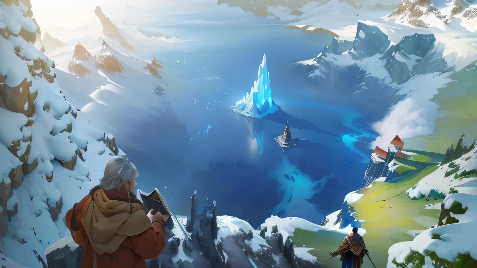 there is a painting of a man standing on a mountain looking at a lake, disney splash art, winter concept art, disney concept art, concept art stunning atmosphere, stunning! concept art, painterly concept art, epic concept art, beautiful concept art, concept art scene, queen of ice and storm, magical concept art, elsa, concept art artwork masterpiece