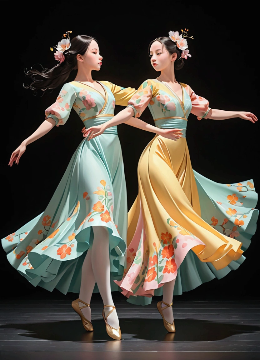 ((Inspired by Neil Welliver)),A pair of beautiful and graceful twin dancers,Wear flowing outfits in soft pastels,Performing gracefully on stage,Dramatic studio lighting,Vibrant colors,Dynamic posture,Soft background blur,High-quality 3D rendering,masterpiece, best quality