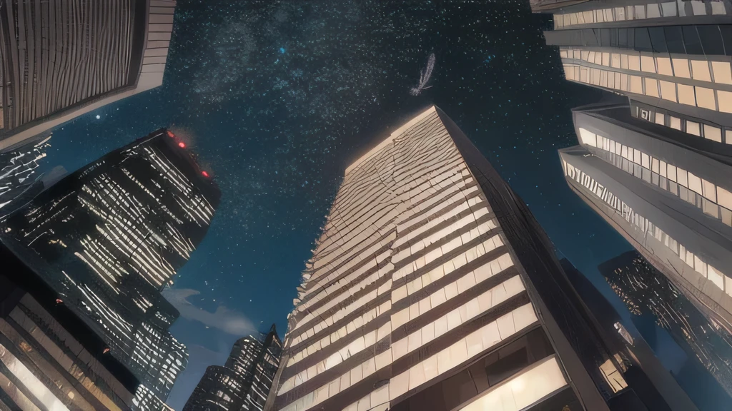 Surrounded by high-rise apartment buildings　Falling down the middle　Looking up　深night　Fisheye Lens　White feathers fluttering　dark　night　Starry Sky　I can&#39;t see the moon