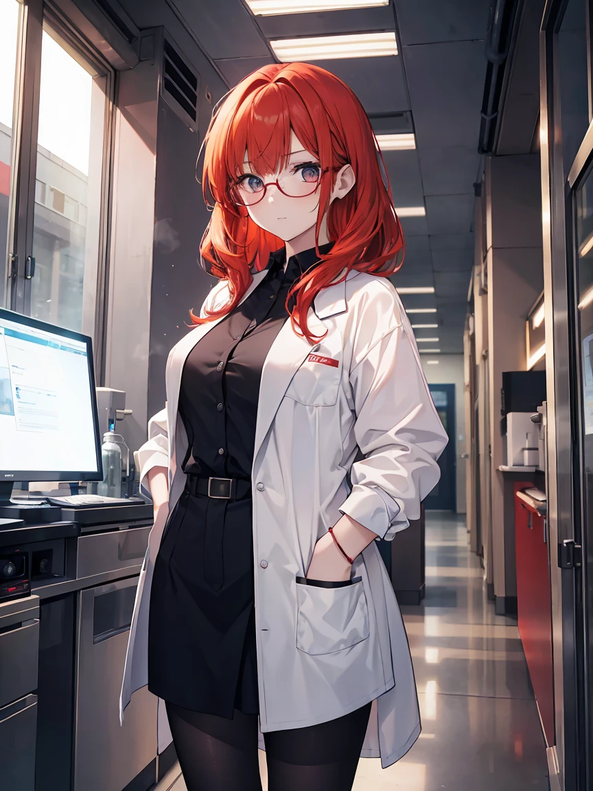 (high resolution) , (best qualityer),(4 k image),(detailedeyes),. 1 girl, big red hair,smallbreast, dressed as a scientist with scientist clothes on everything from scientistsbrs with and glasses from scientists,and scientist shoes,make up the entire show, standing in front of a clinic that carries out experiments.