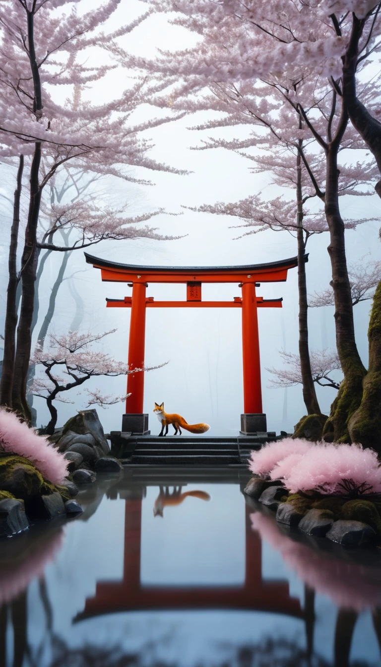A mystical scene set in a traditional Japanese forest at dusk, featuring cherry blossom trees and a serene pond illuminated by quiet moonlight. In the foreground stands a legendary nine-tailed fox from Japanese folklore, with nine fluffy tails, beautiful and graceful. The fox has white fur with a faint golden glow. In the background, an ancient torii gate shrouded in mist can be seen, adding to the magical and enchanting atmosphere. The overall style is highly realistic, aiming to capture the cinematic grandeur.