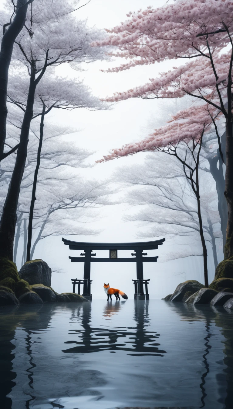 A mystical scene set in a traditional Japanese forest at dusk, featuring cherry blossom trees and a serene pond illuminated by quiet moonlight. In the foreground stands a legendary nine-tailed fox from Japanese folklore, with nine fluffy tails, beautiful and graceful. The fox has white fur with a faint golden glow. In the background, an ancient torii gate shrouded in mist can be seen, adding to the magical and enchanting atmosphere. The overall style is highly realistic, aiming to capture the cinematic grandeur.
