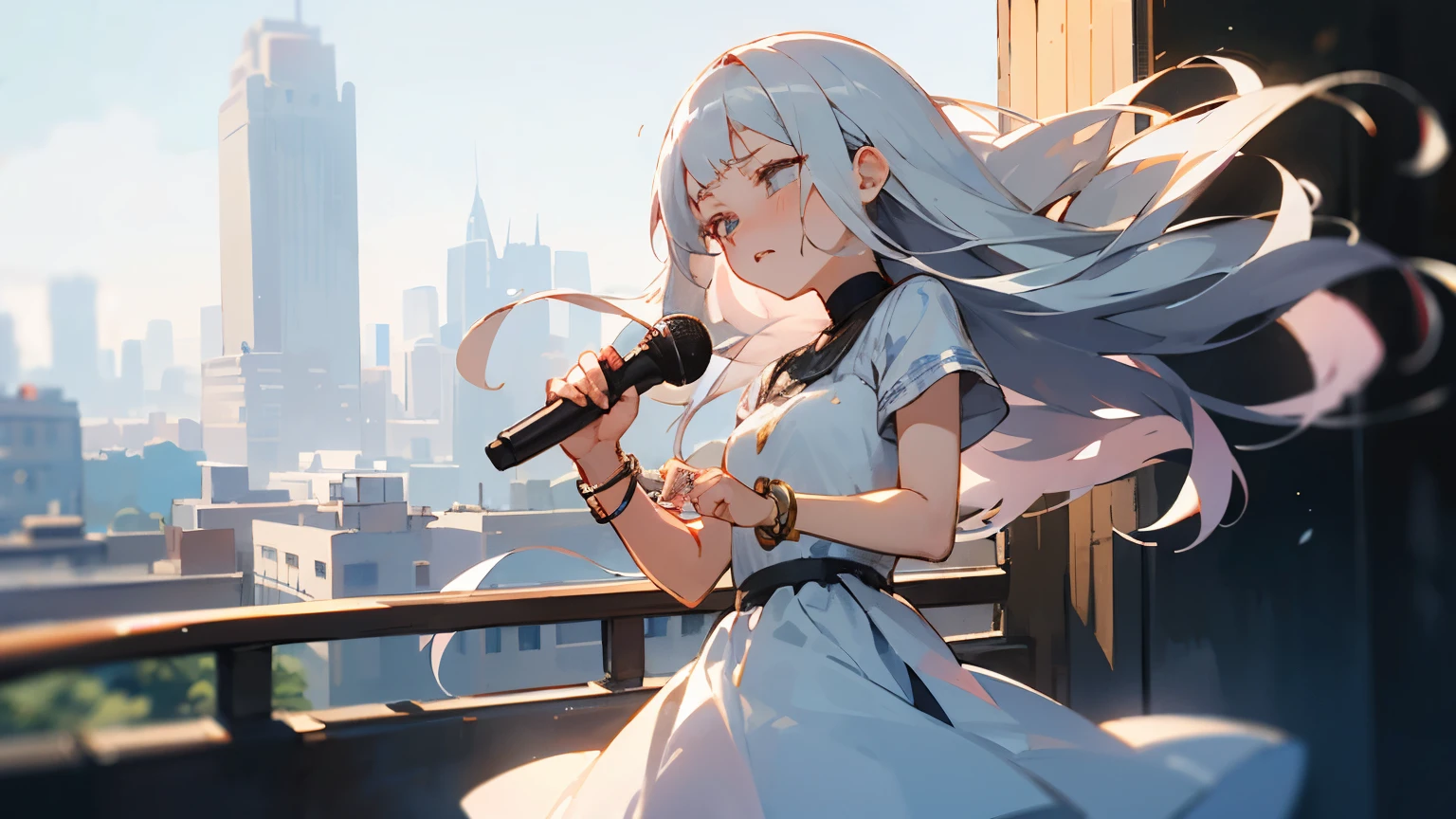 1 woman, platinum silver hair, long hair, shiny hair, holding a microphone in her right hand, singing with her eyes closed, flushed cheeks, double eyelids, city street, short-sleeved white dress, bracelet, sad expression, Sunny, bright sunlight, best quality, masterpiece, cool, 25 years old