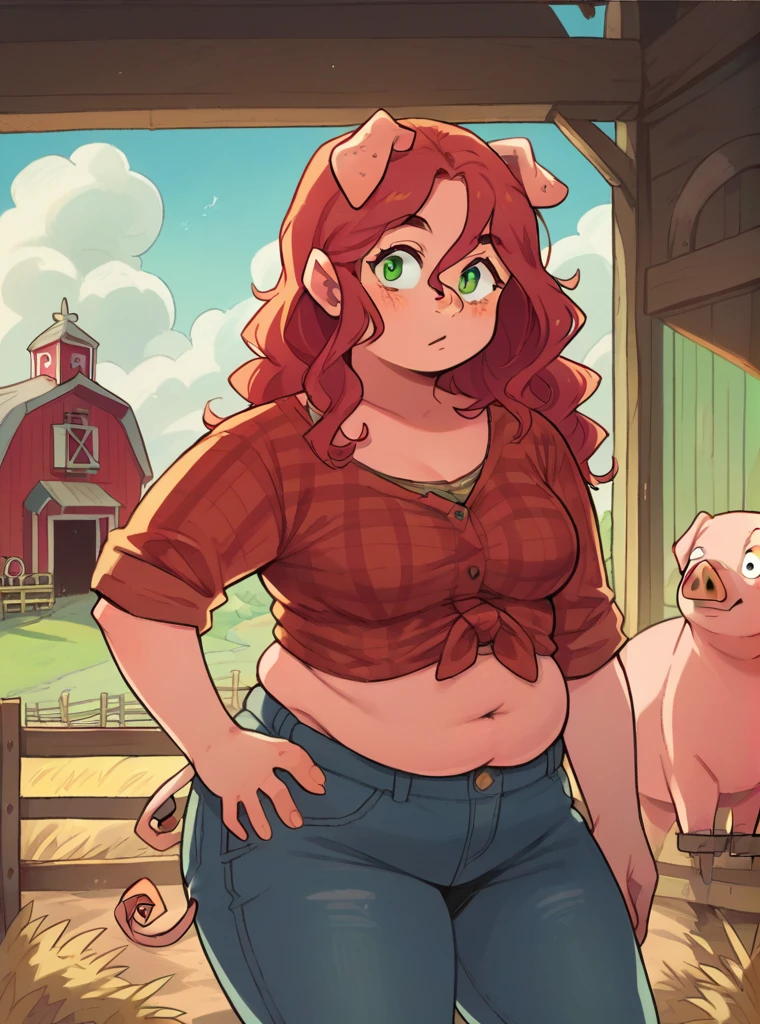score_9, score_8_up, score_7_up, score_6_up, source_anime, 1girl, red hair, green eyes, jeans, plaid croptop shirt, long hair, cowboy shot, barn, farm,
hand on own hip, chubby, overweight, belly rolls, curly pink pig tail, oink oink, pig girl, pig woman