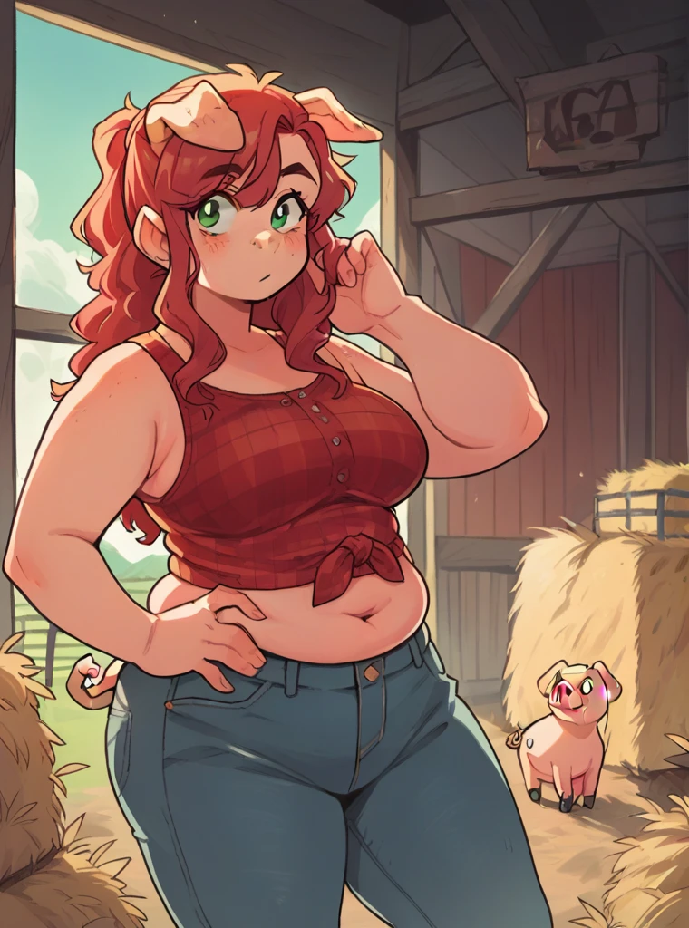 score_9, score_8_up, score_7_up, score_6_up, source_anime, 1girl, red hair, green eyes, jeans, plaid croptop shirt, long hair, cowboy shot, barn, farm,
hand on own hip, chubby, overweight, belly rolls, curly pink pig tail, oink oink, pig girl, pig woman