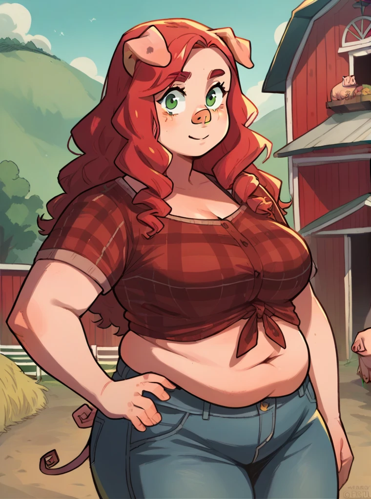 score_9, score_8_up, score_7_up, score_6_up, source_anime, 1girl, red hair, green eyes, jeans, plaid croptop shirt, long hair, cowboy shot, barn, farm,
hand on own hip, chubby, overweight, belly rolls, curly pink pig tail, oink oink, pig girl, pig woman