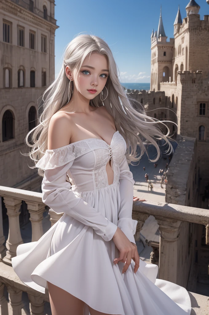 （Girl standing on balcony of old castle)、Iris heterochromatic pupil，silver-haired girl，free high resolution,Off-the-shoulder semi-transparent pure white dress
