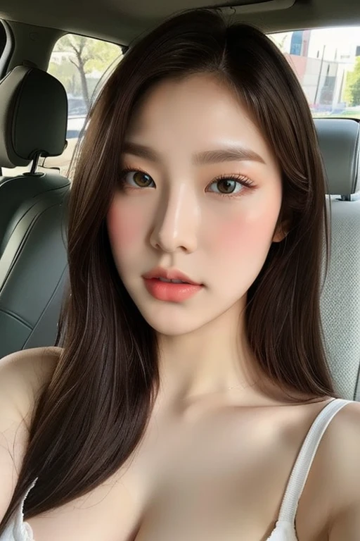 Top quality, RAW Photo, Highest Quality Image, 16K, Full body, Age 22 years old, Realistic, Photorealistic, Beautiful Asian woman, Sexy, body, White pale skin, Beautiful hair, Wavy hair, Brown Hair,, Short hairstyle, Detailed face, Detailed body, Detailed skin, Double eyelids, Big eyes, long eyelashes, bright eyes, green eyes, natural lips, detailed lips, Saggy breasts, Very Small breasts, Flat Breasts, long shape breasts, posing in her car, sunny day light , light through Aspen trees, wearing white shirt, Camera angle from below
