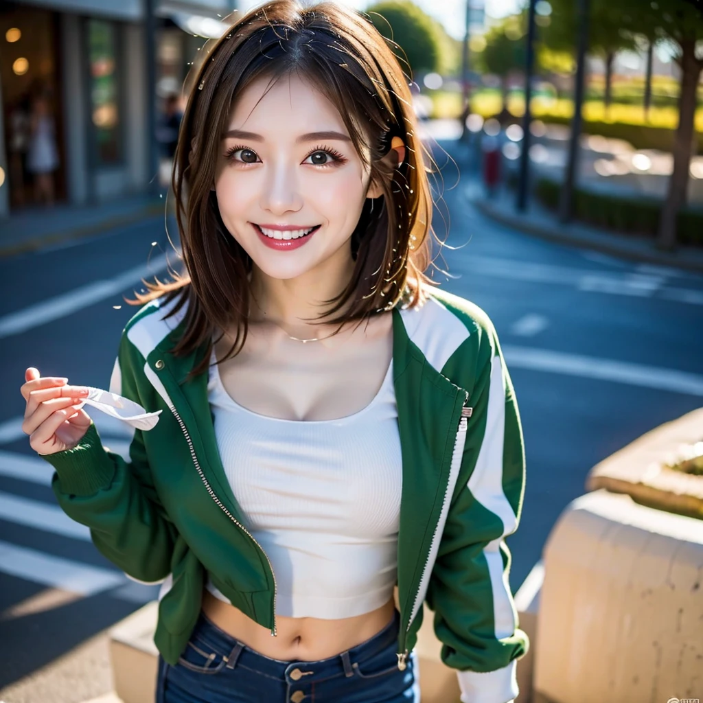1girl, (Extreme high angle:1.3), ((Highest quality)), ((masterpiece)), (detailed), ((Highest quality)), RAW, 4K, High resolution, smile, Perfect Face, Japanese girl, 18 years old, long Hair, light light brown hair, big Breasts, Perfect Anatomy, Anatomically correct body, (no background:1,2), (wearing a stylish green and white varsity jacket:1.2), casual streetwear style, thighs, full shot, natural makeup