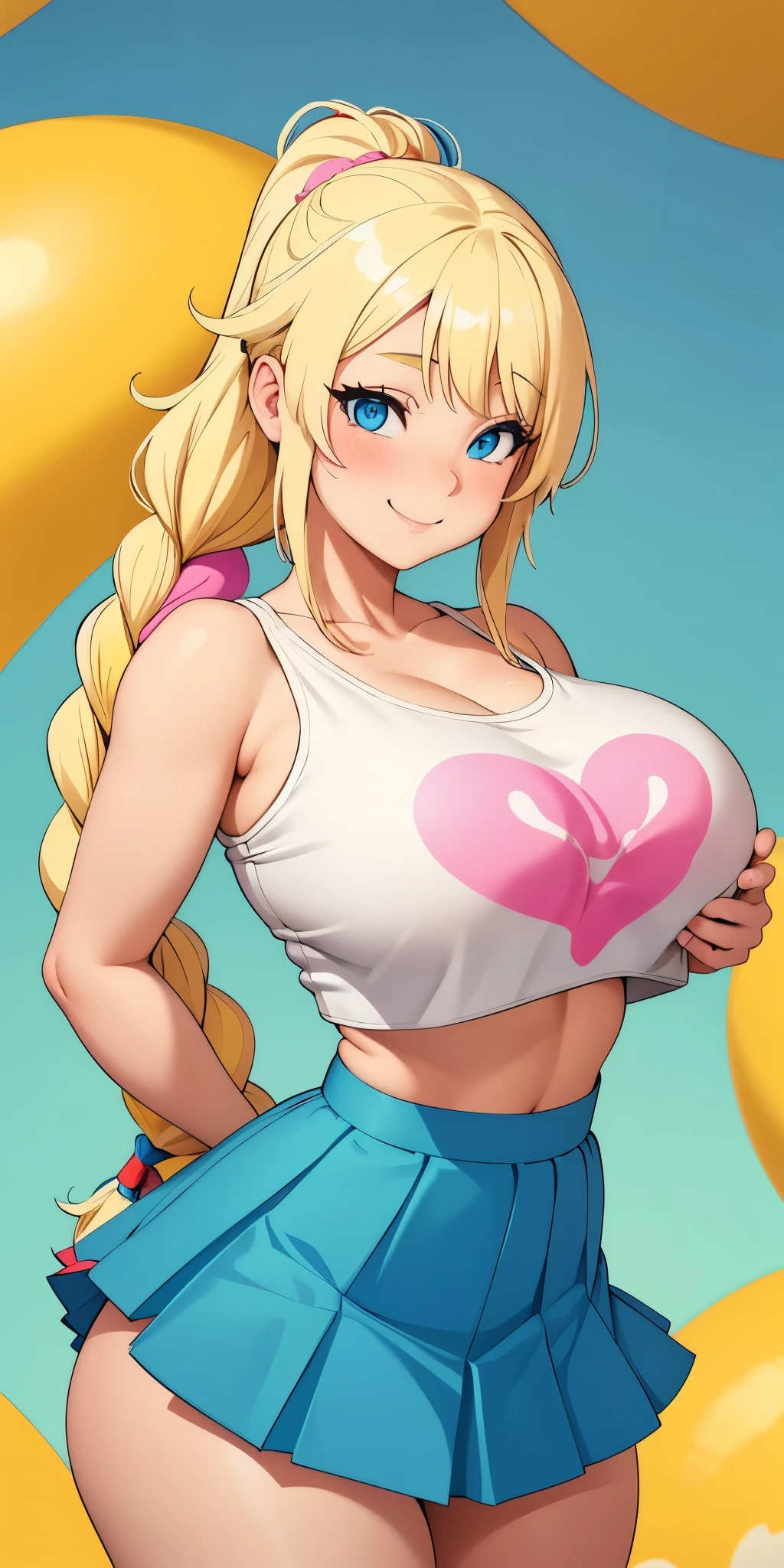 Anime girl, blue eyes, blonde with colorful braid, muy voluptuosa, teen, big breast, shy smile, wallpaper, puffy fabric crop top, long pleated skirt with prints, strap, breasts bounce, park