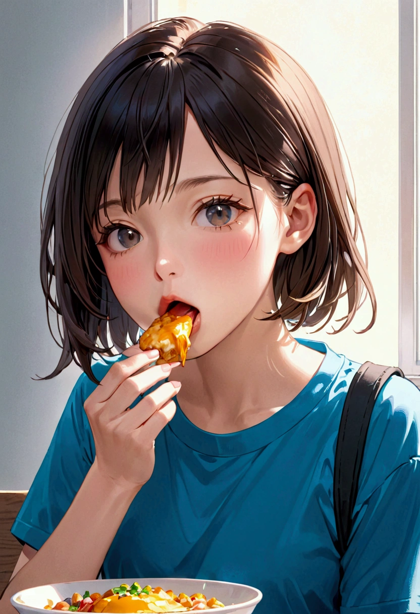 1girl, solo, eating, food_in_mouth, shirt, upper_body