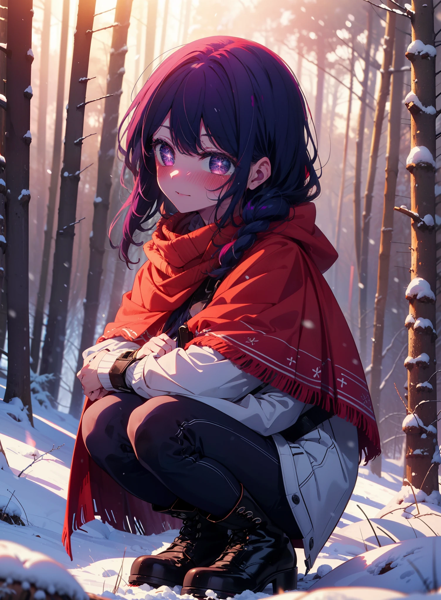 aihoshino, Ai Hoshino, Long Hair, bangs, (Purple eyes:1.1), Purple Hair, (Symbol-shaped pupil:1.5), smile,,smile,blush,white breath,
Open your mouth,snow,Ground bonfire, Outdoor, boots, snowing, From the side, wood, suitcase, Cape, Blurred, , forest, White handbag, nature, Squat, Mouth closed, Cape, winter, Written boundary depth, Black shoes, red Cape break looking at viewer, Upper Body, whole body, break Outdoor, forest, nature, break (masterpiece:1.2), Highest quality, High resolution, unity 8k wallpaper, (shape:0.8), (Beautiful and beautiful eyes:1.6), Highly detailed face, Perfect lighting, Extremely detailed CG, (Perfect hands, Perfect Anatomy),