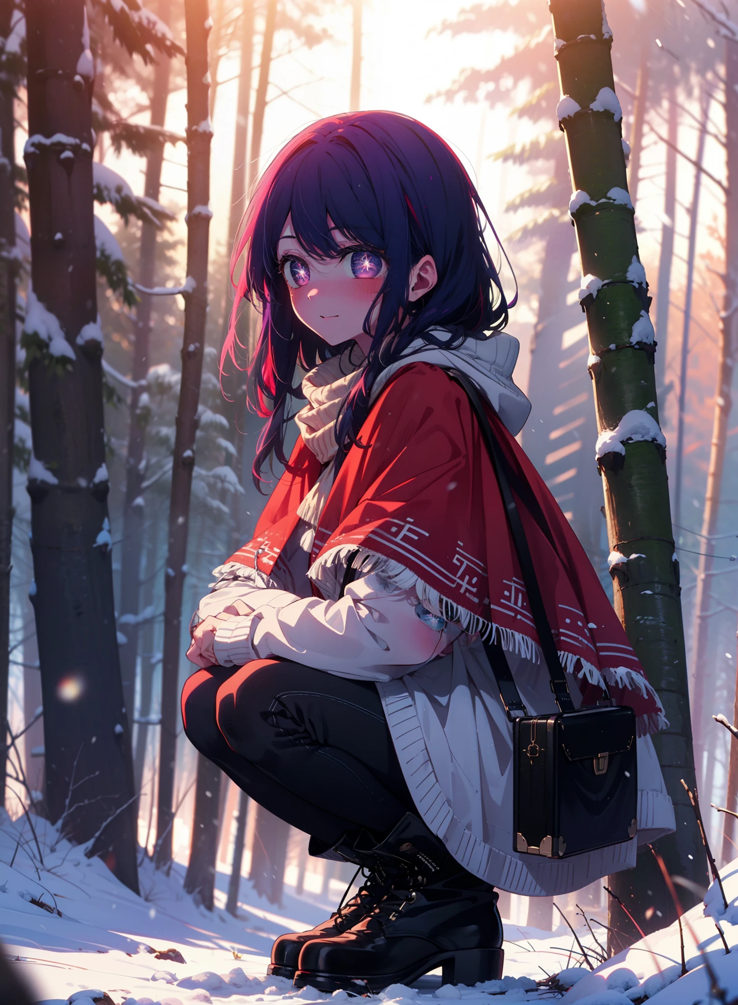 aihoshino, Ai Hoshino, Long Hair, bangs, (Purple eyes:1.1), Purple Hair, (Symbol-shaped pupil:1.5), smile,,smile,blush,white breath,
Open your mouth,snow,Ground bonfire, Outdoor, boots, snowing, From the side, wood, suitcase, Cape, Blurred, , forest, White handbag, nature,  Squat, Mouth closed, Cape, winter, Written boundary depth, Black shoes, red Cape break looking at viewer, Upper Body, whole body, break Outdoor, forest, nature, break (masterpiece:1.2), Highest quality, High resolution, unity 8k wallpaper, (shape:0.8), (Beautiful and beautiful eyes:1.6), Highly detailed face, Perfect lighting, Extremely detailed CG, (Perfect hands, Perfect Anatomy),
