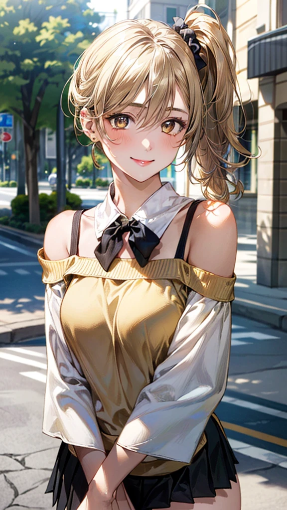 (masterpiece:1.3, top-quality, ultra high res, ultra detailed), (realistic, photorealistic:1.4), beautiful illustration, perfect lighting, natural lighting, colorful, depth of fields, surrealism,
beautiful detailed hair, beautiful detailed face, beautiful detailed eyes, beautiful clavicle, beautiful body, beautiful chest, beautiful thigh, beautiful legs, beautiful fingers, 
looking at viewer, 1 girl, japanese, high school girl, (perfect ???????, anatomically correct), cute and symmetrical face, babyface, perfect face, perfect eyes, shiny skin, 
(middle hair:1.8, side ponytail:1.1, marron hair), hair between eyes, (gold eyes), slant eyes, long eye lasher, (large breasts:0.8, seductive thighs), 
((long sleeve off-shoulder light yellow sweater, black halterneck camisole, black pleated mini skirt), yellow hair chouchou), 
(beautiful scenery), summer, evening, (downtown), (hands between legs), extremely sexy, (happy smile), 