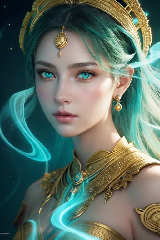 This is a realistic fantasy art piece featuring a realistic Goddess of Light, Beautiful fractal art,A faint swirl of smoke, And the goddess with her beautiful face makes for an interesting composition.。. she face is expertly sculpted, Elegant and sophisticated features with perfect shading and realistic skin texture. she (Turquoise and golden eyes) It's wonderful.、sheが醸し出す光のオーラがこの画像の焦点となっています. (she eyes extremely detailed, Beautiful attention to detail, macro). she eyes feature intricate detailing with clearly defined irises and bright sclera. sheはクラシックな模様のロングドレスを着ている,Long sleeve,詳細で宝stoneで作られたドレス,soft lips are smooth and very puffy, sheの肌は淡い紅潮と華麗なクラシカルな模様で飾られている. she long gown is stunning and expensive, Made of pure flame and brilliant light,光の中できらめく華やかな宝stone. she billowing gown glitters from the flames and features a delicately and intricately embroidered bodice with wisps of flames running across it. Include fantasy elements such as bumps, stone, Fiery Iris, silk, And an interesting background. Include magical creatures such as birds and butterflies that give off a magical and mystical aura.. Lighting: Enhance your artwork with the latest lighting trends. camera: Use dynamic composition to create tension and excitement. Take inspiration from current masters of the fantasy genre, Including popular artists on Artstation and Midjourney. ((masterpiece))