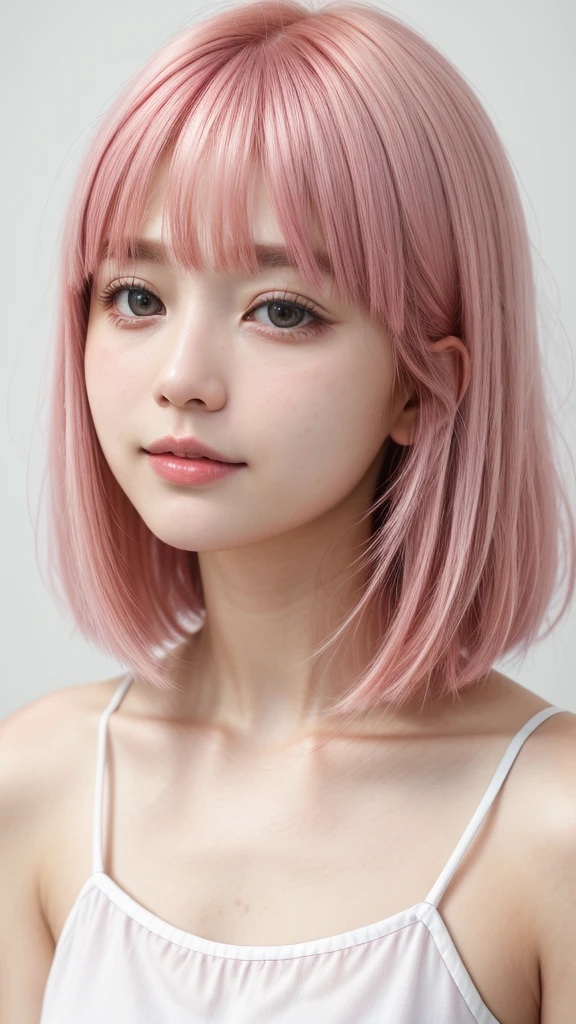Highest quality, one beautidebtul woman, 35mm lens, debt/1, Pink Hair、Palm Hair,Shiny Hair、Bob Hair,a small amount odebt bangs、camisole、White Background