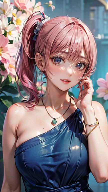 (masterpiece, Highest quality:1.3), (Super detailed:1.2), (hyperRealistic:1.3), (RAW Photos:1.2), High-definition RAW color photos, Professional photos, (PhotoRealistic:1.4), (Realistic:1.4), (Pink Hair:1.5), Professional Lighting, Perfect Anatomy, (Big Breasts:1.2), (blush, Detailed face), (Bright smile:1.5), Trending Hair&Trending Hairカラーをランダムに, Earrings, necklace, bracelet, Sexy, erotic Sexy, Random sexy gravure poses, (Sexy beauty in a pink gold dress、Smiling in the wind in the flower field、Straight Long Hair、Happy expression、With arms outstretched。:1.3)