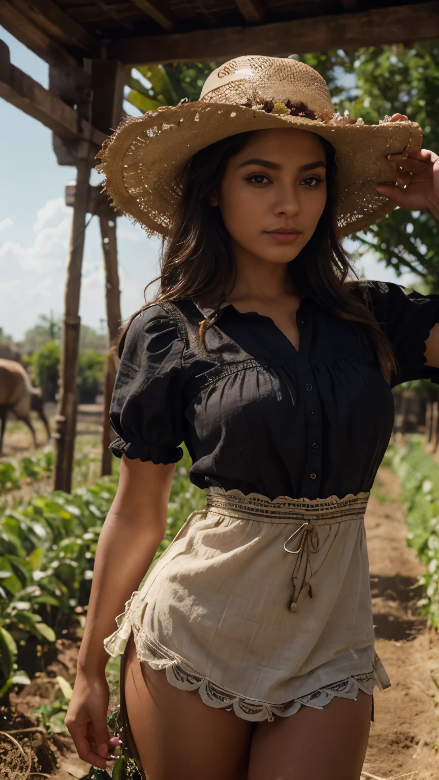 A beautiful Mexican girl, detailed farmer dress, sexy and fit body, cinematic lighting, beautiful detailed eyes, long eyelashes, photorealistic, 8K, detailed, masterpiece, vibrant colors, dramatic lighting