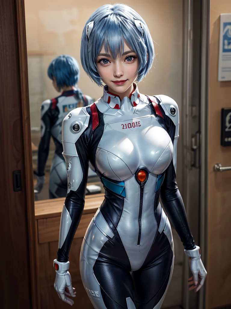 Masterpiece, highest quality, 8K, detailed skin texture, fine cloth texture, beautiful detailed face, intricate details, super detailed, portrait of Rei Ayanami, blue hair, red eyes, looking far away, no background, Evangelion Wearing a plug suit when riding, plug suit, whole body visible, standing, arms crossed, 15 years old, beautiful, cute, great style, smiling,composition that shows the whole body,