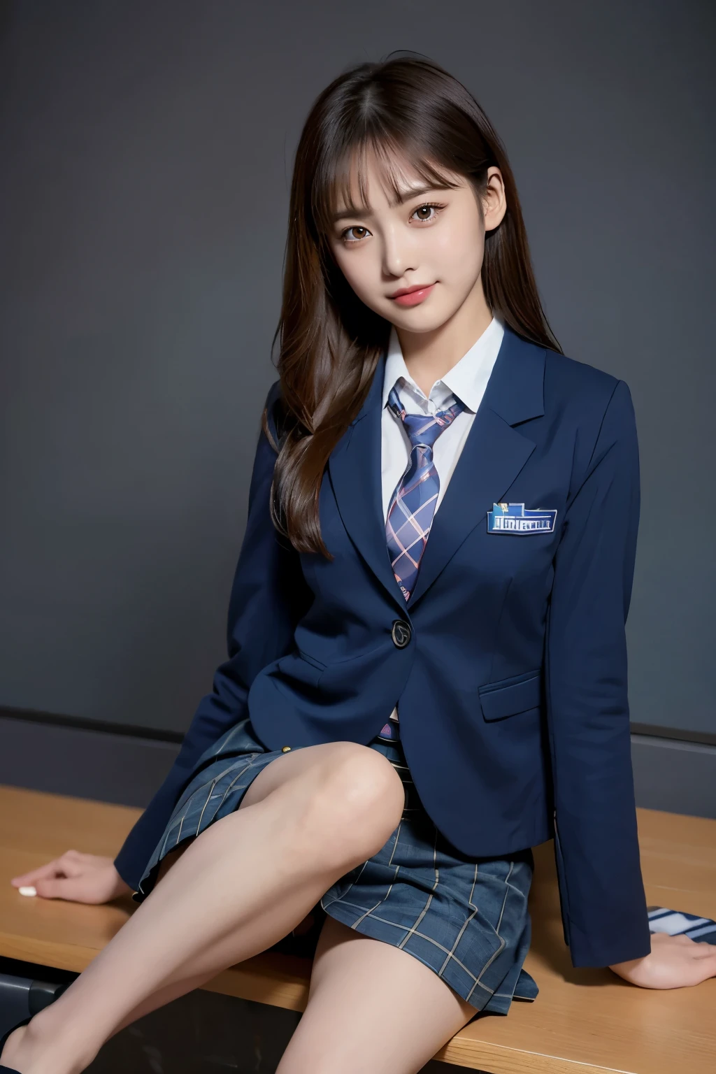 (8k), (highest quality: 1.2), (Realistic), (Realistic: 1.37), Ultra-high resolution, (1 girl), cute, blush,Embarrassed smile, Beautiful details, Beautiful Nose, straight Hair, Giant Dulcefo, pork, Thick thighs,Self Snap,University Uniforms,(A simple dark blue blazer:1.4),(Pleated skirt:1.2),(The skirt and tie are black tartan check pattern.:1.3),(Sitting:1), Sit on the bench,(Hold my feet:1),(Shiny legs:1.2),from the front,knees