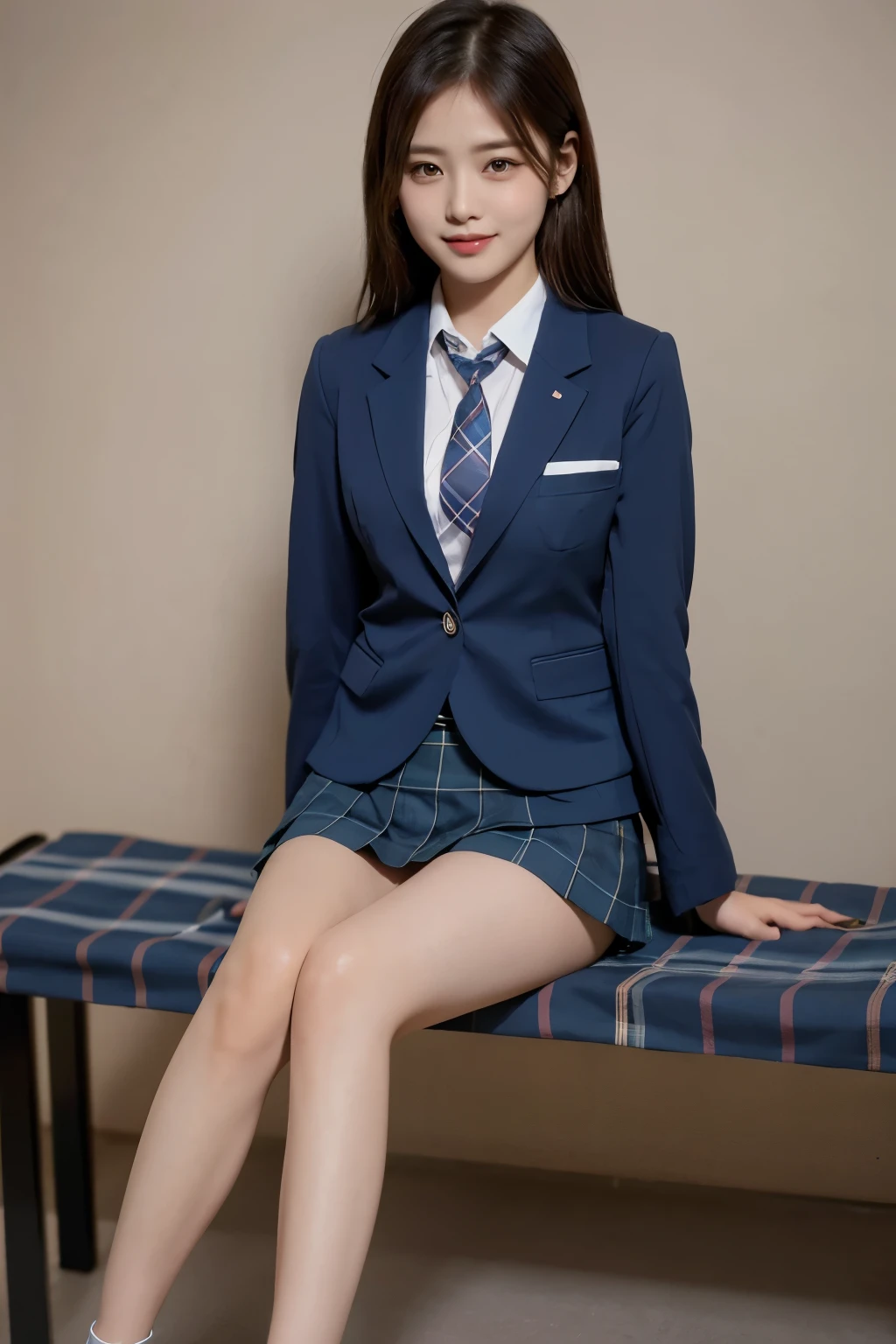(8k), (highest quality: 1.2), (Realistic), (Realistic: 1.37), Ultra-high resolution, (1 girl), cute, blush,Embarrassed smile, Beautiful details, Beautiful Nose, straight Hair, Giant Dulcefo, pork, Thick thighs，Self Snap,University Uniforms,(A simple dark blue blazer:1.4),(Pleated skirt:1.2),(The skirt and tie are black tartan check pattern.:1.3),(Sitting:1), Sit on the bench,(Hold my feet:1),(Shiny legs:1.2),from the front,knees