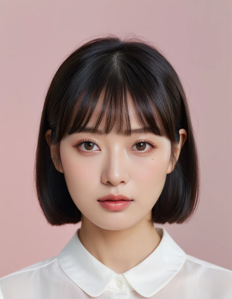 hyper-realistic portrait of a young Japanese woman, traditional Japanese facial features, smooth fair skin with a soft natural glow, delicate almond-shaped eyes with double eyelids and dark brown irises, short straight black hair styled in a sleek bob with blunt bangs, natural makeup with a light pink blush and subtle pink lips, slight epicanthic fold, oval face shape with a small nose, wearing a simple white blouse, soft ambient lighting, minimalistic background, ultra-detailed textures, photorealistic, 8k, vibrant yet natural colors, high-quality cinematic style, sharp focus and depth