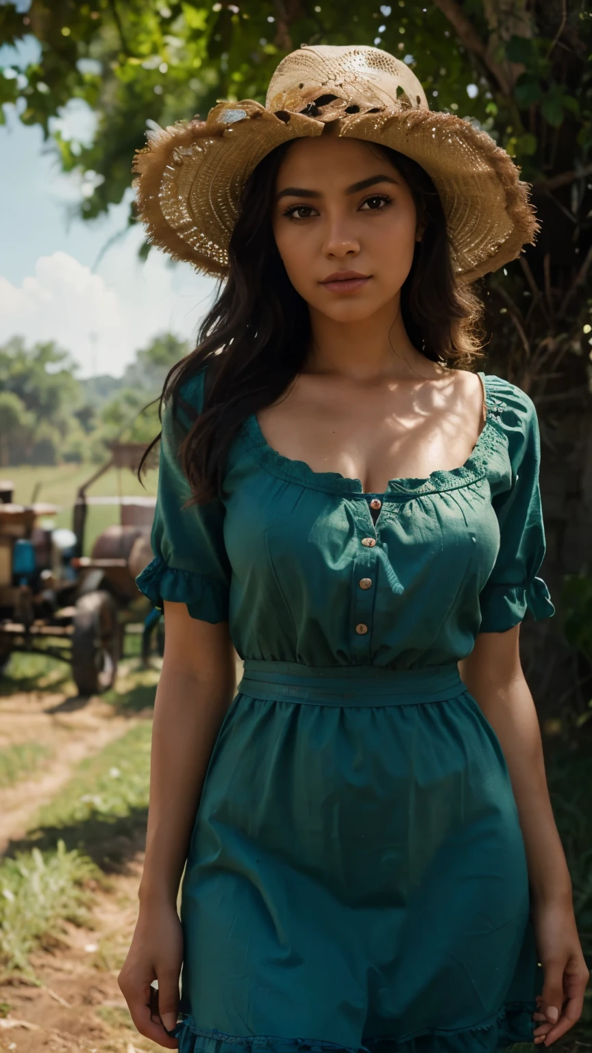 A beautiful Mexican girl, detailed farmer dress, sexy and fit body, cinematic lighting, beautiful detailed eyes, long eyelashes, photorealistic, 8K, detailed, masterpiece, vibrant colors, dramatic lighting