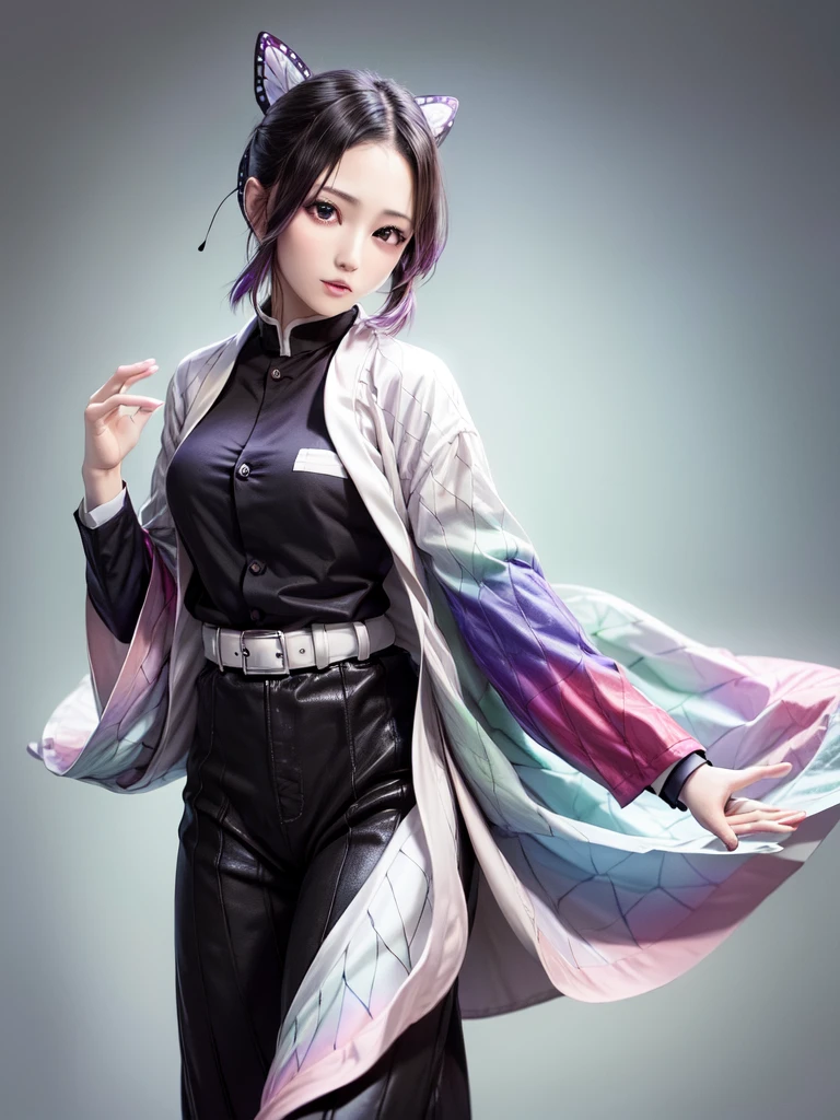 masterpiece, Highest quality, High resolution, One girl, alone, kochou shinobu, Butterfly Hair Ornament, Purple eyes, Multicolored Hair, short hair, Parted bangs, Haori, Wide sleeves, Long sleeve, Black trousers, Black jacket, belt, Cowboy Shot, Have a weapon, sword