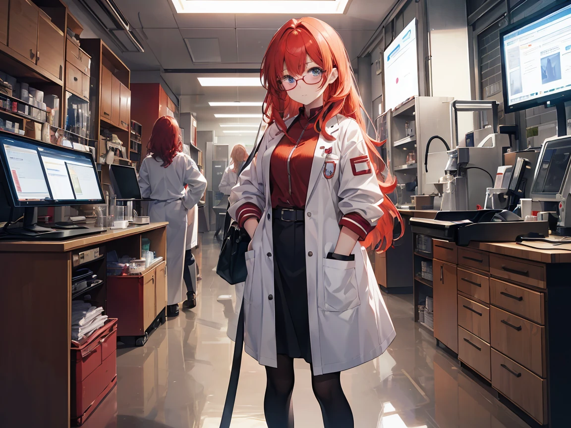 (high resolution) , (best qualityer),(4 k image),(detailedeyes),. 1 girl, big red hair,smallbreast, dressed as a scientist with scientist clothes on everything from scientistsbrs with and glasses from scientists,and scientist shoes,make up the entire show, standing in front of the clinic that carries out experiments.