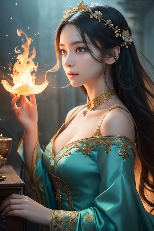 This is a realistic fantasy art piece featuring a realistic Goddess of Light, Beautiful fractal art,A faint swirl of smoke, And the goddess with her beautiful face makes for an interesting composition.。. Her face is expertly sculpted, Elegant and sophisticated features with perfect shading and realistic skin texture. Her upper body (Turquoise and golden eyes) is a wonderful thing、Her aura of light is the focal point of this image.. (Her eyes are extremely detailed, Beautiful attention to detail, macro). 彼女 eyes feature intricate detailing with clearly defined irises and bright sclera. She is wearing a long dress with a classic pattern.,Long sleeve,詳細で宝stoneで作られたドレス,soft lips are smooth and very puffy, Her skin is pale flushed and adorned with gorgeous classical patterns.. 彼女 long gown is stunning and expensive, Made of pure flame and brilliant light,光の中できらめく華やかな宝stone. 彼女 billowing gown glitters from the flames and features a delicately and intricately embroidered bodice with wisps of flames running across it. Include fantasy elements such as bumps, stone, Fiery Iris, silk, And an interesting background. Include magical creatures such as birds and butterflies that give off a magical and mystical aura.. Lighting: Enhance your artwork with the latest lighting trends. camera: Use dynamic composition to create tension and excitement. Take inspiration from current masters of the fantasy genre, Including popular artists on Artstation and Midjourney. ((masterpiece))