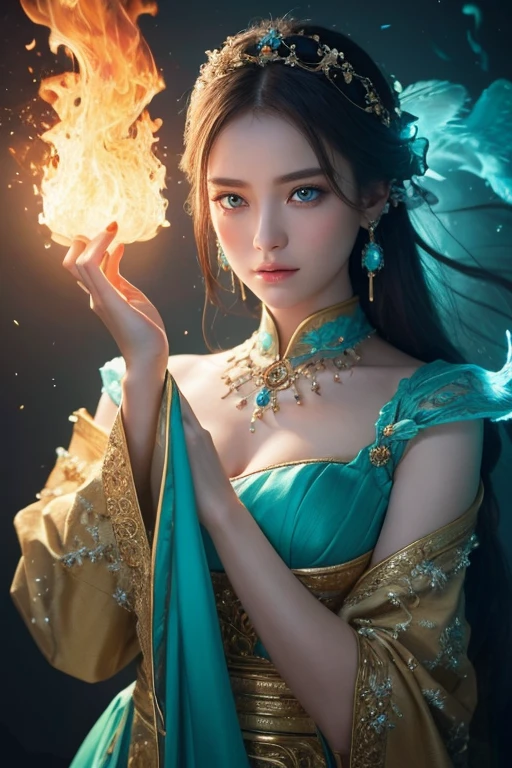 This is a realistic fantasy art piece featuring a realistic Goddess of Light, Beautiful fractal art,A faint swirl of smoke, And the goddess with her beautiful face makes for an interesting composition.。. Her face is expertly sculpted, Elegant and sophisticated features with perfect shading and realistic skin texture. Her upper body (Turquoise and golden eyes) is a wonderful thing、Her aura of light is the focal point of this image.. (Her eyes are extremely detailed, Beautiful attention to detail, macro). 彼女 eyes feature intricate detailing with clearly defined irises and bright sclera. She is wearing a long dress with a classic pattern.,Long sleeve,詳細で宝stoneで作られたドレス,soft lips are smooth and very puffy, Her skin is pale flushed and adorned with gorgeous classical patterns.. 彼女 long gown is stunning and expensive, Made of pure flame and brilliant light,光の中できらめく華やかな宝stone. 彼女 billowing gown glitters from the flames and features a delicately and intricately embroidered bodice with wisps of flames running across it. Include fantasy elements such as bumps, stone, Fiery Iris, silk, And an interesting background. Include magical creatures such as birds and butterflies that give off a magical and mystical aura.. Lighting: Enhance your artwork with the latest lighting trends. camera: Use dynamic composition to create tension and excitement. Take inspiration from current masters of the fantasy genre, Including popular artists on Artstation and Midjourney. ((masterpiece))