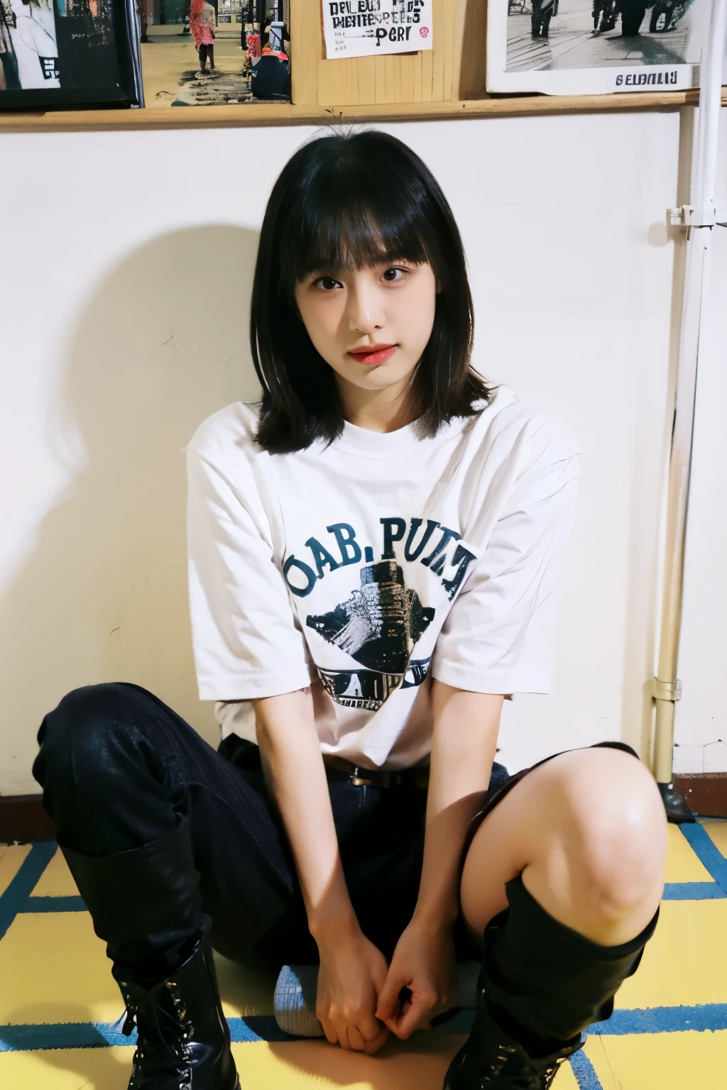arafed woman sitting on the floor with a magazine and a pair of black boots, wearing BLACK REGULAR SIZE TSHIRT, NOT OVERSIZE, japanese streetwear, outlive streetwear collection, h. u. d, cyberpunk streetwear, she is wearing streetwear, with ripped crop t - shirt, casual clothing style, with pop punk style, grunge aesthetic!!!, woman in streetwear, e-girl, e - girl