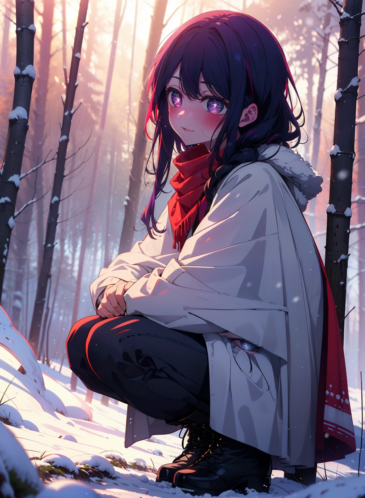 aihoshino, Ai Hoshino, Long Hair, bangs, (Purple eyes:1.1), Purple Hair, (Symbol-shaped pupil:1.5), smile,,smile,blush,white breath,
Open your mouth,snow,Ground bonfire, Outdoor, boots, snowing, From the side, wood, suitcase, Cape, Blurred, , forest, White handbag, nature,  Squat, Mouth closed, Cape, winter, Written boundary depth, Black shoes, red Cape break looking at viewer, Upper Body, whole body, break Outdoor, forest, nature, break (masterpiece:1.2), Highest quality, High resolution, unity 8k wallpaper, (shape:0.8), (Beautiful and beautiful eyes:1.6), Highly detailed face, Perfect lighting, Extremely detailed CG, (Perfect hands, Perfect Anatomy),