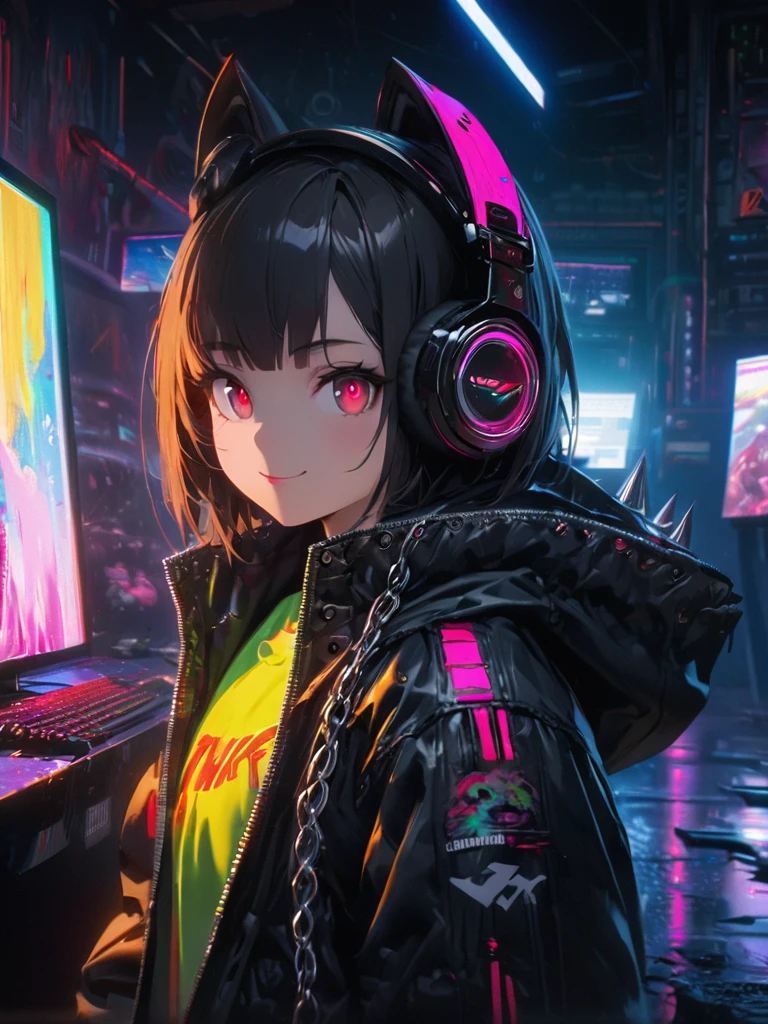 1 girl, chromatic aberration, Written boundary depth, Soft Light, masterpiece, Highest quality, complicated, Tone Mapping, Very detailed, Art Station, Concept Art, Smooth, Clear focus, Dramatic lighting, Very detailed artwork, movie, super practical painting, Art Station's trending, 8k, Incredible Shadows, practical, (Very detailed background:1.0), whole body, View, Viewers, Very detailed portrait of one girl 1, standing on street corner, Heavy rain and lightning、Dark Sky, neon and cyber punk background, she is dressed in punk clothing with silver chains and silver spikes, Her hair was dyed a bright black color.,The middle part is black, She wears headphones, Detailed red eyes with clear pupils, Ominous aura of light, smile, punk, ciber punk, BacklightNo knowledge of horses'tail、