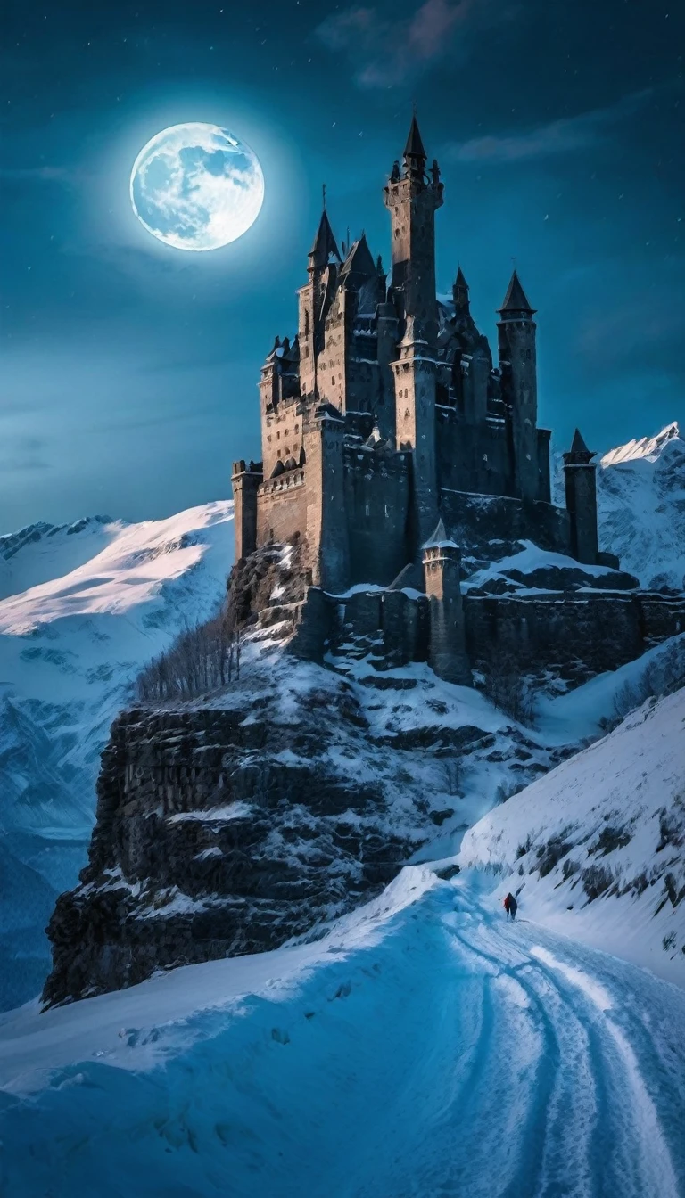 "The ancient Ice castle  massive 700 feet high. The castle is decrepit, with crumbling black stone towers against a snowy landscape. A full moon illuminates the scene, casting long shadows. very high Ice Wall in background