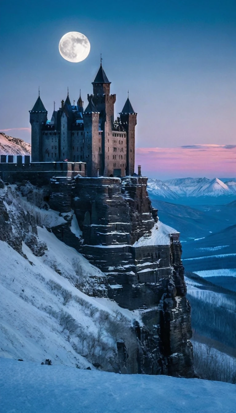 "The ancient Ice castle  massive 700 feet high. The castle is decrepit, with crumbling black stone towers against a snowy landscape. A full moon illuminates the scene, casting long shadows. very high Ice Wall in background